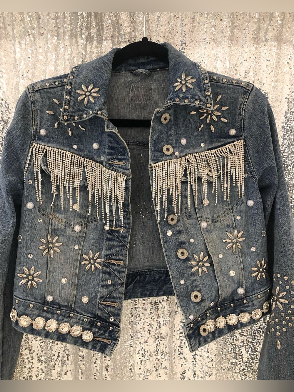 Embellished Blue Denim Jean Jacket with Crystal Fringe